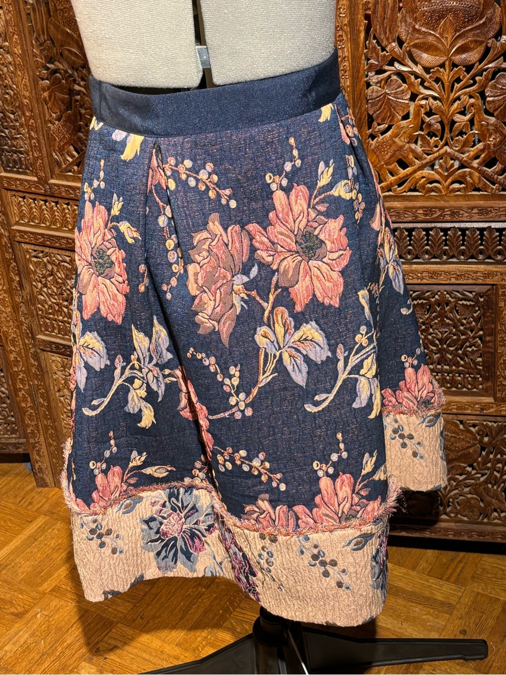Sisley Navy Floral A-Line Skirt with Pink and Cream Accents
